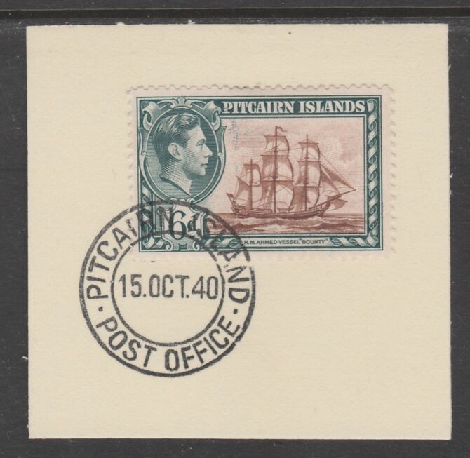 Pitcairn Islands 1940-51 KG6 Pictorial 6d (SG 6) on piece with full strike of Madame Joseph forged postmark type 323, stamps on , stamps on  kg6 , stamps on 