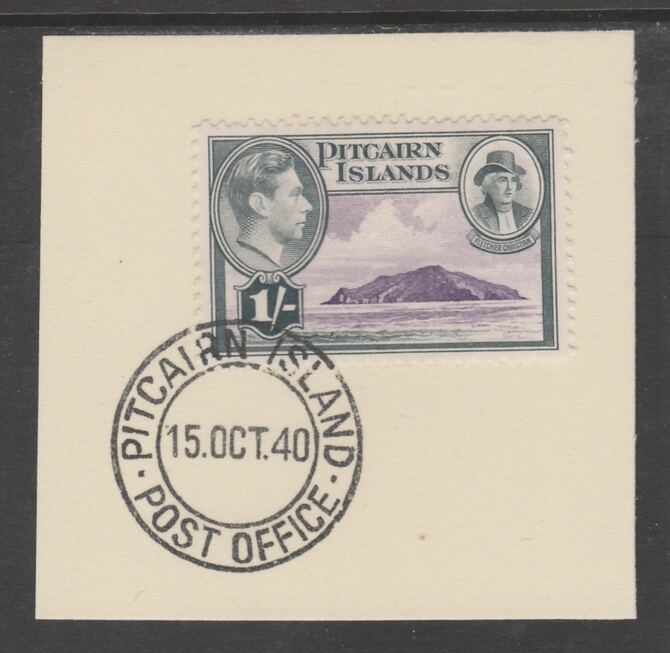 Pitcairn Islands 1940-51 KG6 Pictorial 1s (SG 7) on piece with full strike of Madame Joseph forged postmark type 323, stamps on , stamps on  kg6 , stamps on 