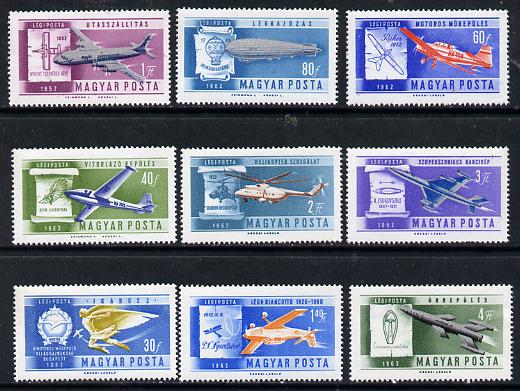 Hungary 1962 Development of Flight perf set of 9 unmounted mint, Mi 1846-54, stamps on , stamps on  stamps on aviation, stamps on  stamps on balloons, stamps on  stamps on helicopters, stamps on  stamps on airships, stamps on  stamps on rockets, stamps on  stamps on space