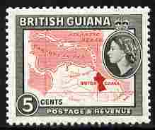 British Guiana 1954-63 Map 5c Script CA unmounted mint SG 335, stamps on maps