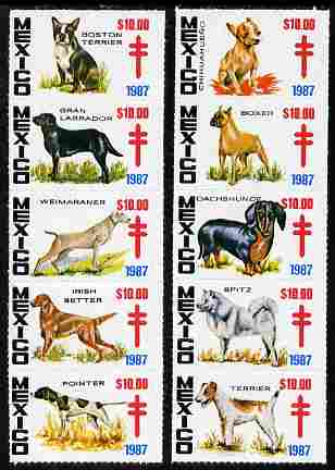 Mexico 1987 Dogs  set of 10 (2 x strips of 5) anti-TB labels unmounted mint, stamps on dogs, stamps on  tb , stamps on diseases