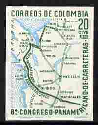 Colombia 1961 Highway Congress 20c Air imperf proof in green & blue on ungummed paper, as SG 1058, stamps on maps, stamps on roads