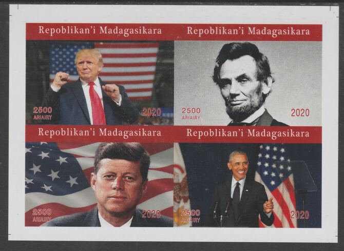 Madagascar 2020 US Presidents imperf sheetlet containing 4 values unmounted mint. Note this item is privately produced and is offered purely on its thematic appeal, it has no postal validity, stamps on us presidents, stamps on trump, stamps on lincoln, stamps on kennedy, stamps on obama