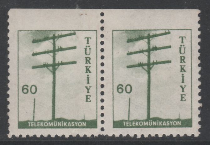 Turkey 1959 Telegraph Pole 60k marginal pair imperf between stamps and margin,  one stamp mounted  , stamps on telegraphs, stamps on communications