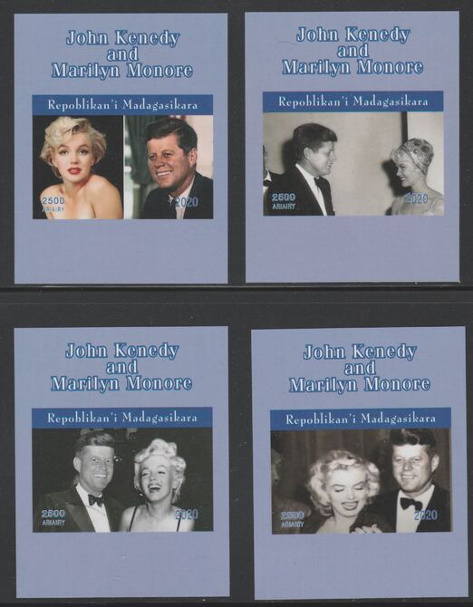 Madagascar 2020 John Kennedy & Marilyn Monroe set of 4 imperfm/sheets. Note this item is privately produced and is offered purely on its thematic appeal, it has no postal validity, stamps on kennedy, stamps on marilyn, stamps on us presidents, stamps on americana
