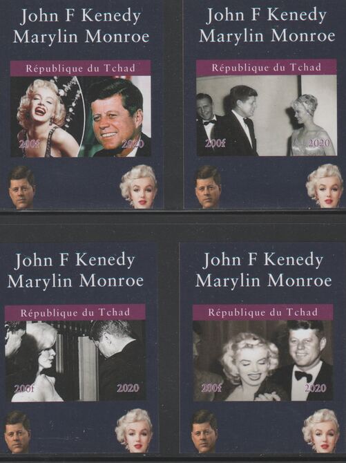 Chad 2020 John Kennedy & Marilyn Monroe set of 4 imperfm/sheets. Note this item is privately produced and is offered purely on its thematic appeal, it has no postal validity, stamps on kennedy, stamps on marilyn, stamps on us presidents, stamps on americana