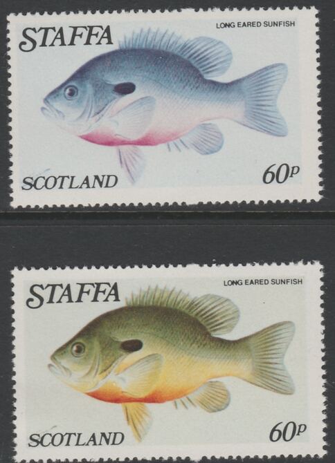 Staffa 1979 Fish - Long Eared Sunfish 60p perf single showing a superb shade apparently due to a dry print of the yellow complete with normal both unmounted mint, stamps on fish, stamps on marine life