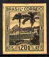 Brazil 1939 Rio de Janeiro 1200r imperf proof in black on toned paper (ungummed) part official handstamp on reverse, as SG 615, stamps on 