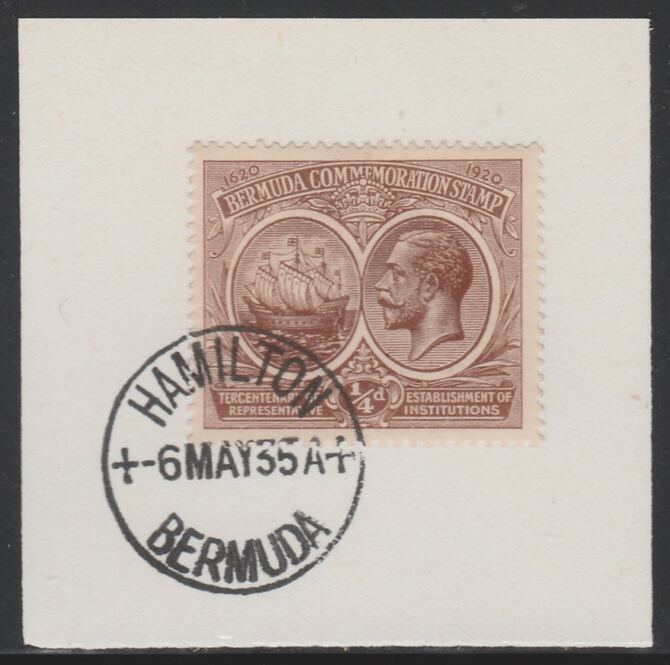 Bermuda 1920-21 KG5 Tercentenary (1st issue) 1/4d (SG 59) on piece with full strike of Madame Joseph forged cancellation type 61, stamps on , stamps on  kg5 , stamps on 
