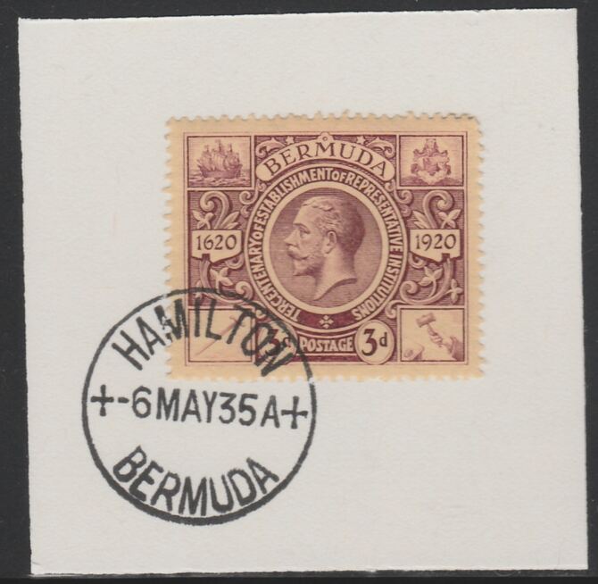 Bermuda 1921 KG5 Tercentenary (2nd issue) 3d (SG 70) on piece with full strike of Madame Joseph forged cancellation type 61, stamps on , stamps on  kg5 , stamps on 