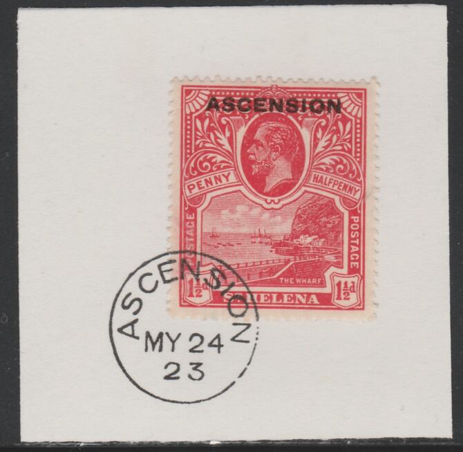Ascension 1922 KG5 Overprint on 1.5d rose-scarlet SG 3 on piece with full strike of Madame Joseph forged postmark type 19, stamps on , stamps on  kg5 , stamps on 