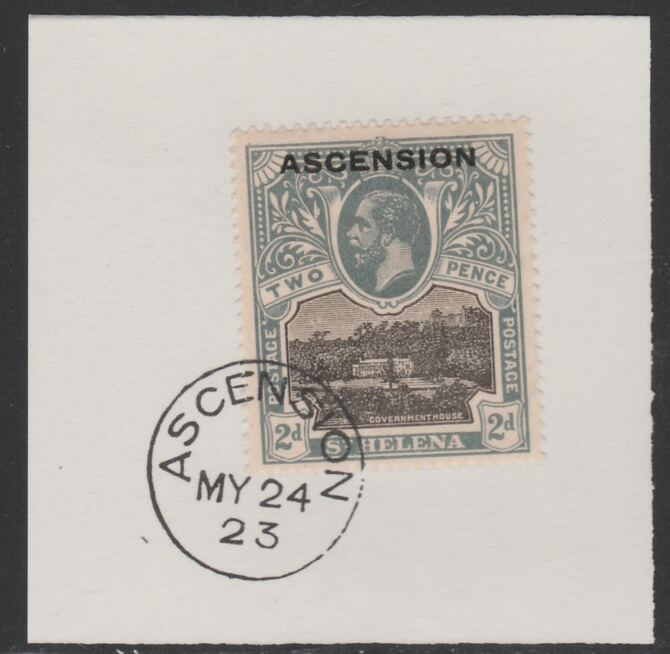 Ascension 1922 KG5 Overprint on 2d black & grey SG 4 on piece with full strike of Madame Joseph forged postmark type 19, stamps on , stamps on  kg5 , stamps on 