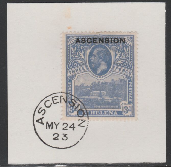 Ascension 1922 KG5 Overprint on 3d blue SG 5 on piece with full strike of Madame Joseph forged postmark type 19, stamps on , stamps on  kg5 , stamps on 