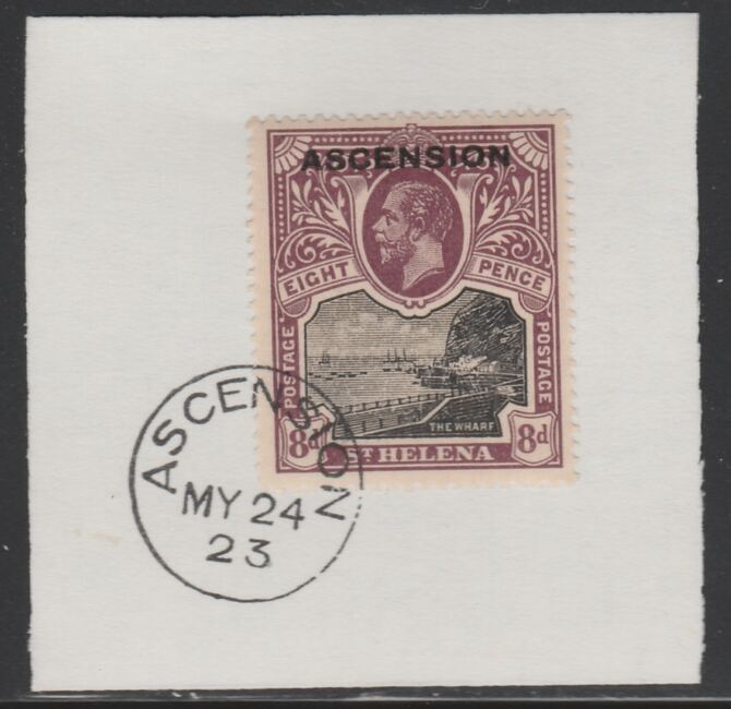 Ascension 1922 KG5 Overprint on 8d black & purple SG 6 on piece with full strike of Madame Joseph forged postmark type 19, stamps on , stamps on  kg5 , stamps on 