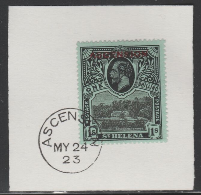 Ascension 1922 KG5 Overprint on 1s black on green SG 9 on piece with full strike of Madame Joseph forged postmark type 19, stamps on , stamps on  kg5 , stamps on 