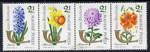 Hungary 1963 Stamp Day (Flowers) se-tenant perf strip of 4, Mi 1967-70, stamps on postal   flowers, stamps on daffodils