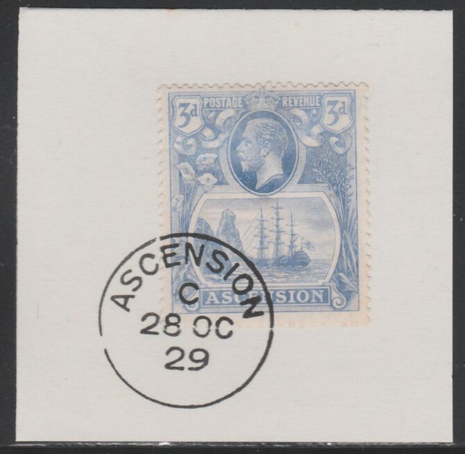 Ascension 1924-33 KG5 Badge 3d blue (SG14) on piece with full strike of Madame Joseph forged postmark type 20, stamps on , stamps on  kg5 , stamps on 
