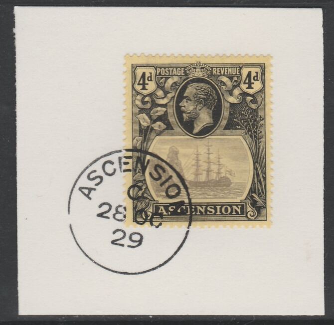 Ascension 1924-33 KG5 Badge 4d grey-black & black on yellow (SG15) on piece with full strike of Madame Joseph forged postmark type 20, stamps on , stamps on  kg5 , stamps on 