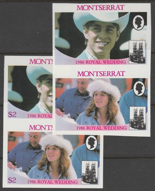 Montserrat 1986 Royal Wedding $2 imperf se-tenant pair with value omitted, plus normal  imperf pair, both unmounted mint, SG 693avar, stamps on , stamps on  stamps on royalty, stamps on  stamps on andrew, stamps on  stamps on fergie