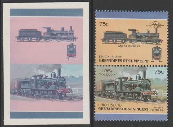 St Vincent - Union Island 1987 Locomotives #6 (Leaders of the World) 75c GER Class Y14 se-tenant pair  die proof in magenta and cyan only (missing Country name, inscripti..., stamps on railways