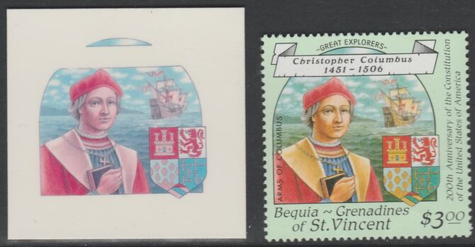 St Vincent - Bequia 1988 Explorers $3 Christopher Columbus die proof in magenta & cyan only on Cromalin plastic card (ex archives) complete with issued stamp. Cromalin proofs are an essential part of the printing proces, produced in very limited numbers and rarely offered on the open market., stamps on explorers, stamps on personalities, stamps on ships, stamps on columbus