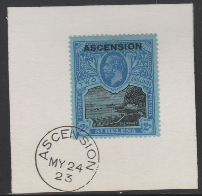 Ascension 1922 KG5 Overprint on 2s black & blue on blue SG 7 on piece with full strike of Madame Joseph forged postmark type 19, stamps on , stamps on  kg5 , stamps on 
