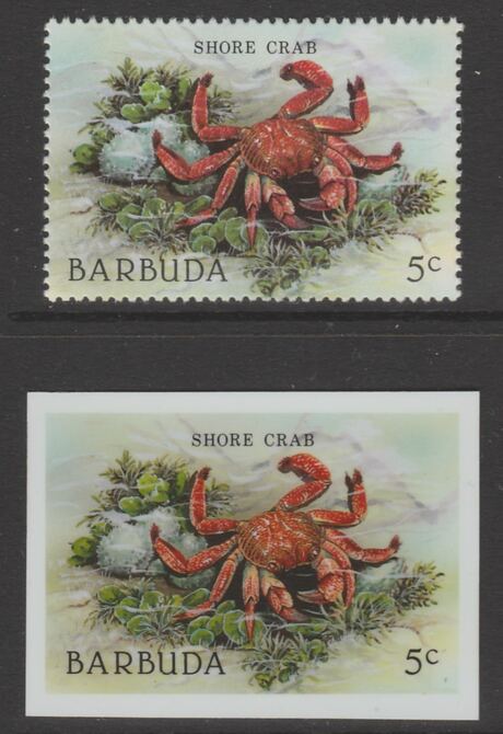 Barbuda 1987 Marine Life 5c Shore Crab die proof in all 4 colours on Cromalin plastic card complete with issued stamp (SG 960). Cromalin proofs are an essential part of t..., stamps on marine life, stamps on fish.crabs