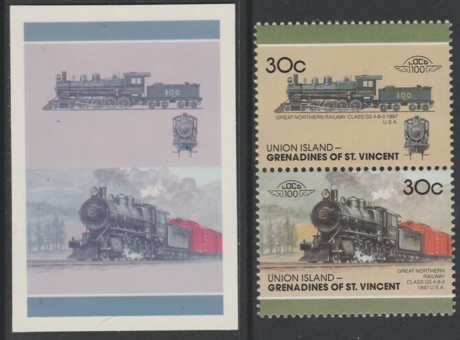St Vincent - Union Island 1987 Locomotives #7 (Leaders of the World) 30c Great Northern Class G5 se-tenant imperf die proof in magenta & cyan only on Cromalin plastic car..., stamps on railways