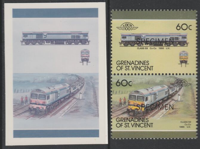 St Vincent - Grenadines 1987 Locomotives #8 (Leaders of the World) 60c UK Class 59 se-tenant imperf die proof in magenta & cyan only on Cromalin plastic card (ex archives..., stamps on railways