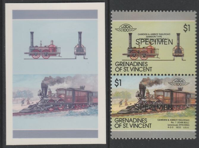 St Vincent - Grenadines 1987 Locomotives #8 (Leaders of the World) $1 Camden & Amboy No.1 se-tenant imperf die proof in magenta & cyan only on Cromalin plastic card (ex a..., stamps on railways