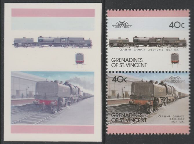 St Vincent - Grenadines 1987 Locomotives #7 (Leaders of the World) 40c UK Garratt Class 4P se-tenant imperf die proof in magenta & cyan only on Cromalin plastic card (ex ..., stamps on railways