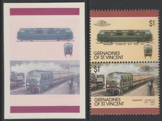 St Vincent - Grenadines 1987 Locomotives #7 (Leaders of the World) $1 UK Warship Class 42 se-tenant imperf die proof in magenta & cyan only on Cromalin plastic card (ex a..., stamps on railways
