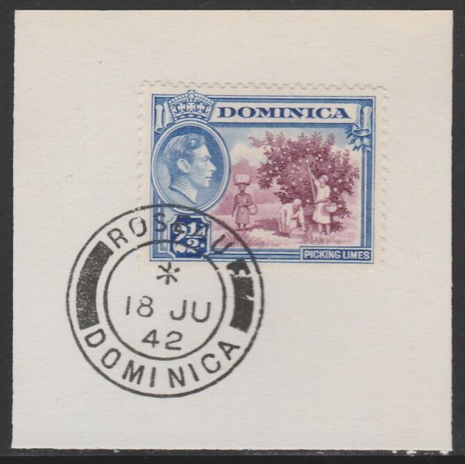 Dominica 1938-47 KG6 2.5d Picking Limes on piece with full strike of Madame Joseph forged postmark type 143, stamps on , stamps on  kg6 , stamps on fruit