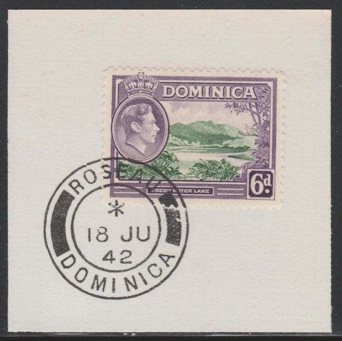 Dominica 1938-47 KG6 6d Freshwater Lake on piece with full strike of Madame Joseph forged postmark type 143, stamps on , stamps on  stamps on , stamps on  stamps on  kg6 , stamps on  stamps on 