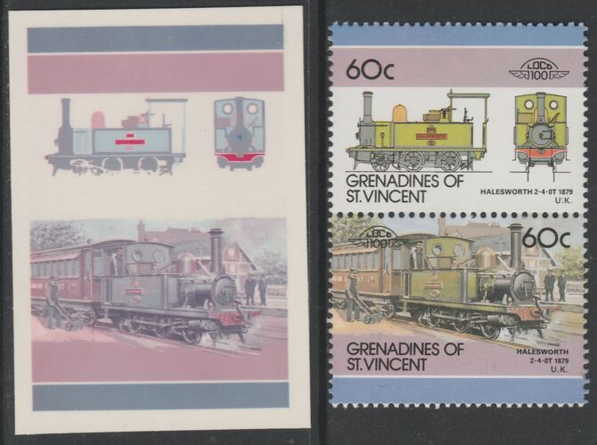 St Vincent - Grenadines 1986 Locomotives #6 (Leaders of the World) 60c Halesworth2-4-0T se-tenant imperf die proof in magenta & cyan only on Cromalin plastic card (ex arc..., stamps on railways