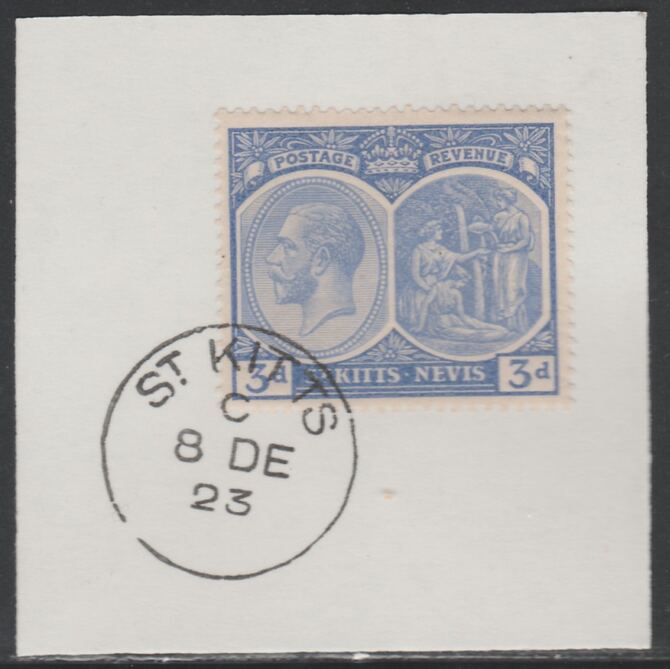 St Kitts-Nevis 1920-22 KG5 Medicinal Spring 3d ultramarine SG45 on piece with full strike of Madame Joseph forged postmark type 347, stamps on , stamps on  kg5 , stamps on 