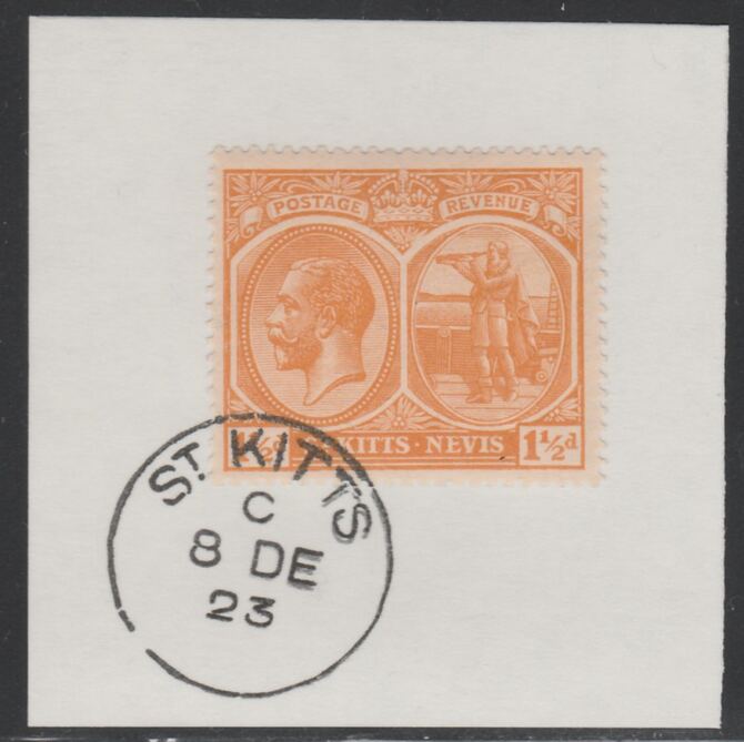 St Kitts-Nevis 1920-22 KG5 Columbus 1.5d orange SG 26 on piece with full strike of Madame Joseph forged postmark type 347, stamps on , stamps on  kg5 , stamps on columbus, stamps on explorers