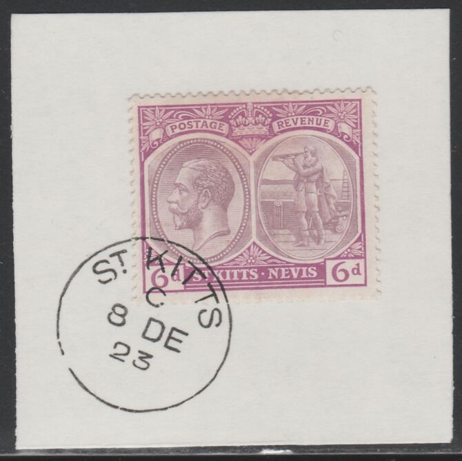 St Kitts-Nevis 1920-22 KG5 Columbus 6d purple & mauve SG 30/46 on piece with full strike of Madame Joseph forged postmark type 347, stamps on , stamps on  kg5 , stamps on columbus, stamps on explorers