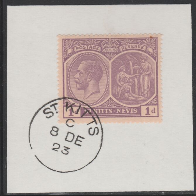 St Kitts-Nevis 1920-22 KG5 Medicinal Spring 1d deep violet SG39 on piece with full strike of Madame Joseph forged postmark type 347, stamps on , stamps on  kg5 , stamps on 