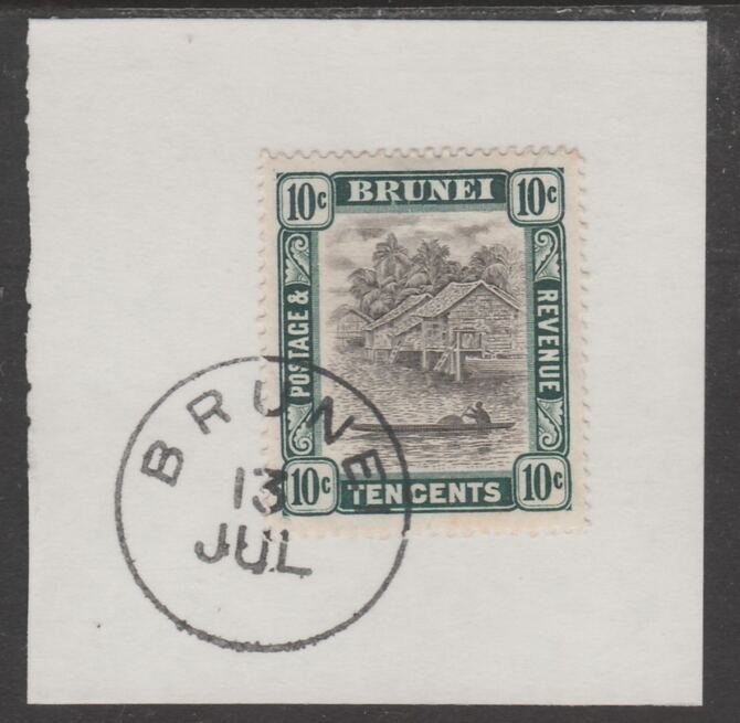 Brunei 1907 River Scene 10c grey-black & deep green (SG29) on piece with full strike of Madame Joseph forged postmark type 104, stamps on rivers