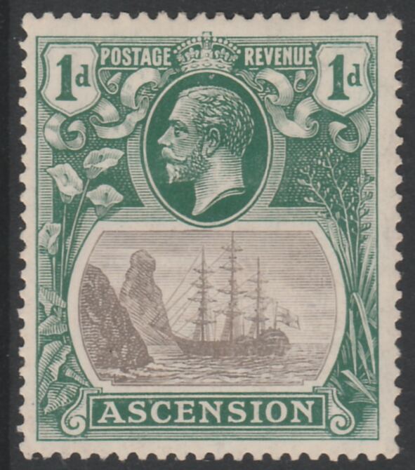 Ascension 1924-33 KG5 Badge 1d grey-black & blue-green showing Torn Flad Variety (Stamp 42) mounted mint SG 11b, stamps on , stamps on  kg5 , stamps on 