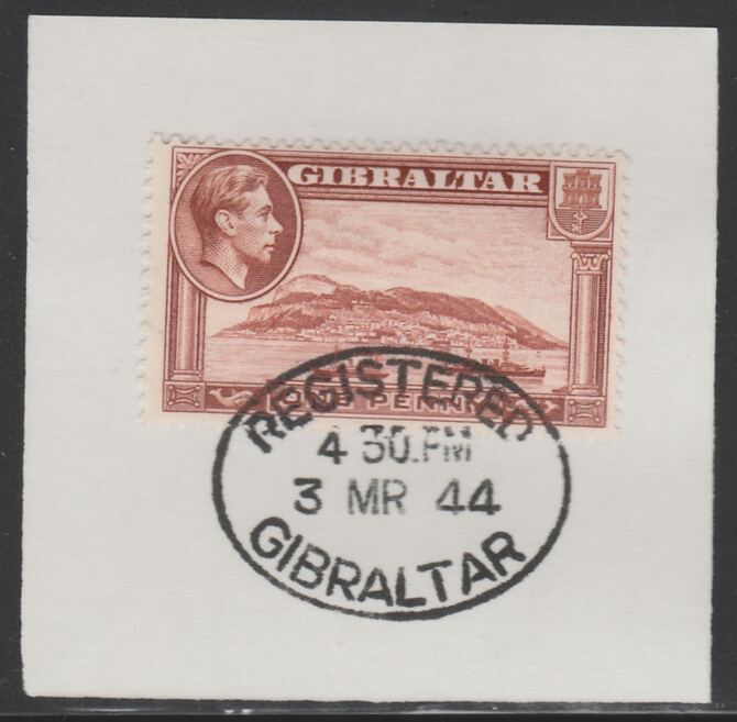 Gibraltar 1938-51 KG6 1d brown on piece with full strike of Madame Joseph forged postmark type 188, stamps on , stamps on  kg6 , stamps on 
