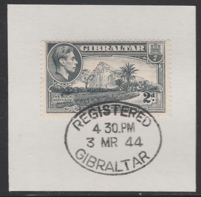 Gibraltar 1938-51 KG6 2d grey on piece with full strike of Madame Joseph forged postmark type 188, stamps on , stamps on  kg6 , stamps on 