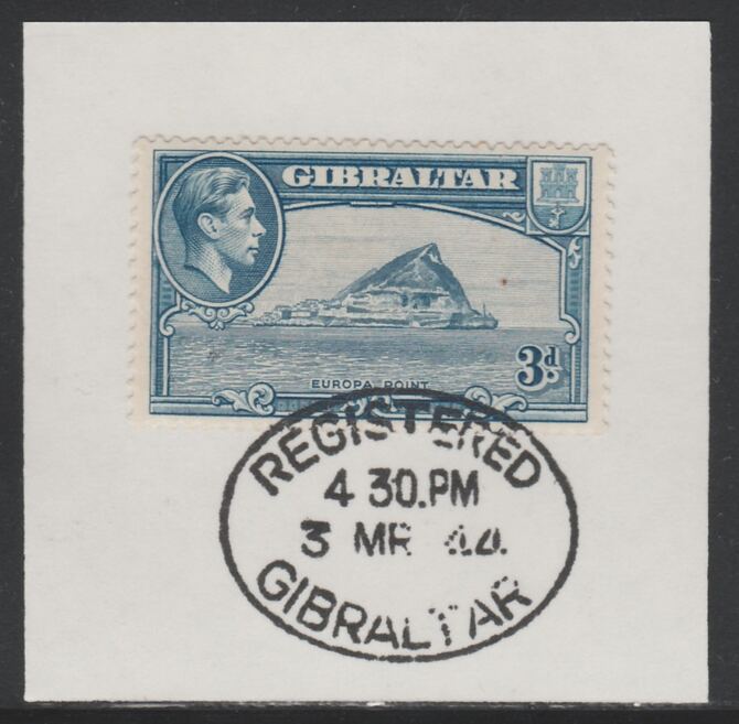Gibraltar 1938-51 KG6 3d light blue on piece with full strike of Madame Joseph forged postmark type 188, stamps on , stamps on  kg6 , stamps on 
