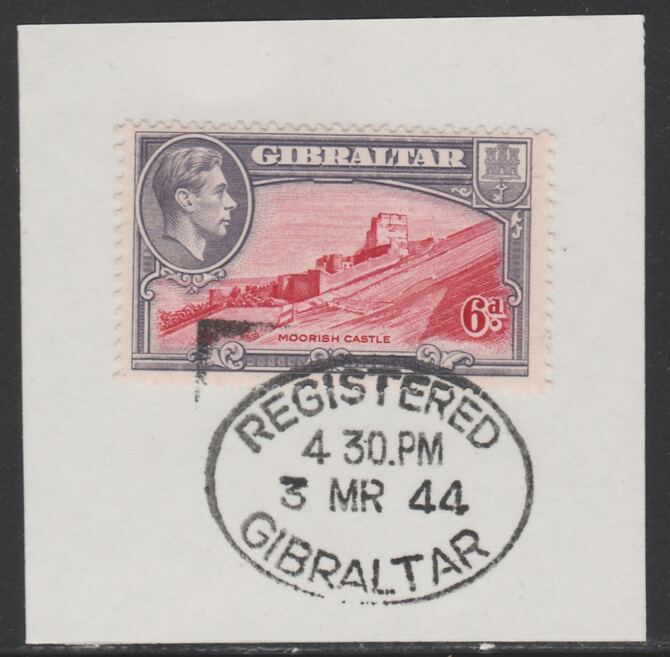 Gibraltar 1938-51 KG6 6d carmine & grey-violet on piece with full strike of Madame Joseph forged postmark type 188, stamps on , stamps on  kg6 , stamps on 