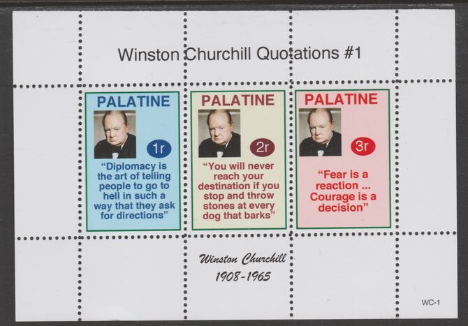 Palatine (Fantasy) Quotations by Winston Churchill #1 perf deluxe glossy sheetlet containing 3 values each with a famous quotation,unmounted mint, stamps on personalities, stamps on churchill, stamps on 
