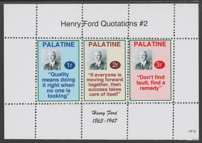 Palatine (Fantasy) Quotations by Henry Ford #2 perf deluxe glossy sheetlet containing 3 values each with a famous quotation,unmounted mint, stamps on , stamps on  stamps on personalities, stamps on  stamps on ford, stamps on  stamps on cars, stamps on  stamps on americana