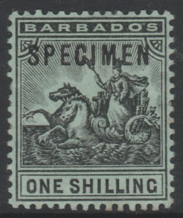 Barbados 1907 Britannia 1s overprinted SPECIMEN, fine with gum and only about 300 produced, SG 169s, stamps on specimens