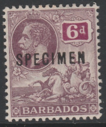 Barbados 1912 KG5 6d overprinted SPECIMEN, fine with gum and only about 400 produced, SG 177s, stamps on specimens