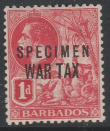 Barbados 1917 KG5 1d WAR TAX overprinted SPECIMEN, fine with gum and only about 400 produced, SG 97s, stamps on specimens